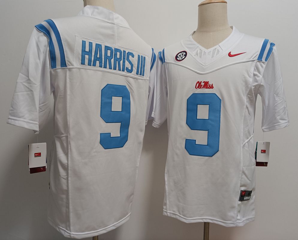 Men Ole Miss Rebels #9 Harris iii White Nike 2025 NCAA Jersey